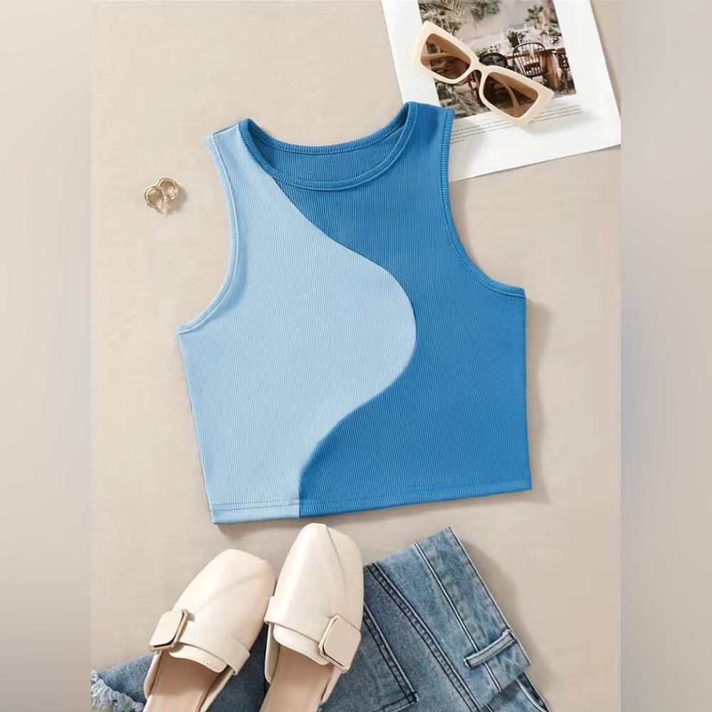 Sky Blue 2 Tone Color Block Ribbed Knit Crop Top